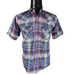 Ely Plains Vintage Colorful Madras Plaid Western Pearl Snap Cowboy Shirt Rodeo